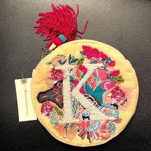 NEW with TAGS Anthropologie circle initial “K” embroidered and beaded bag NWT